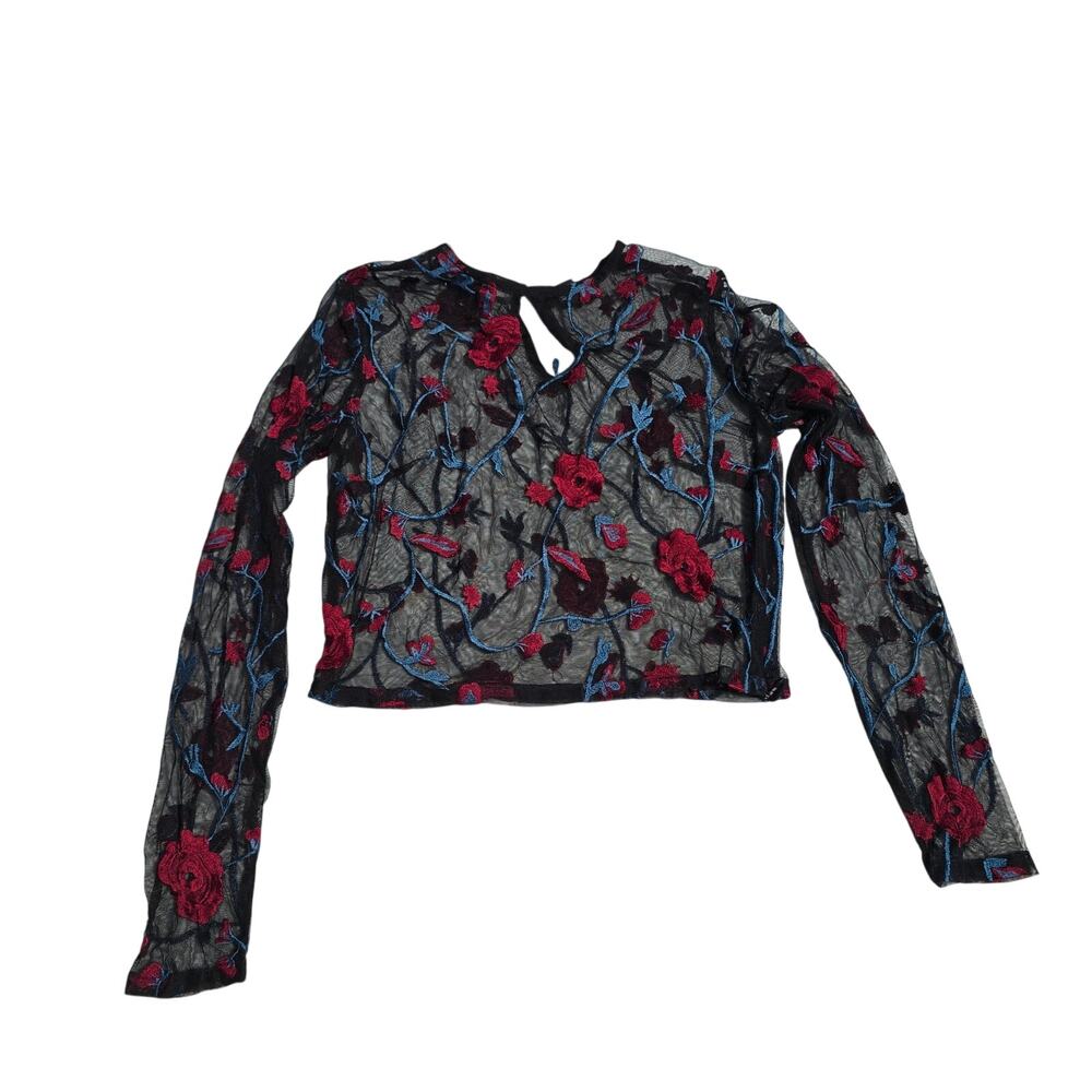 Y2k Forever 21 Mesh Embroidered Black Long Sleeve Crop Top Size S